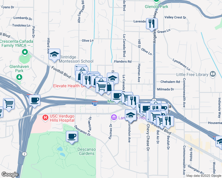 map of restaurants, bars, coffee shops, grocery stores, and more near 4533 Encinas Drive in La Cañada Flintridge