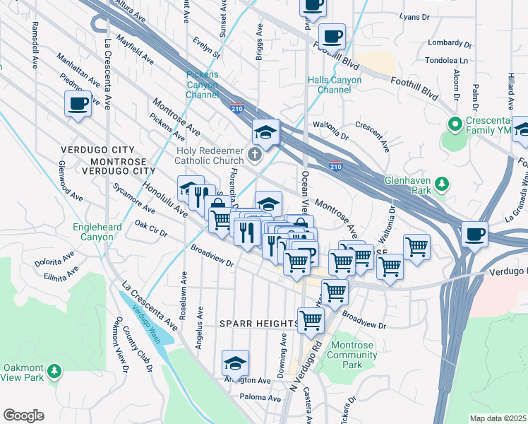 map of restaurants, bars, coffee shops, grocery stores, and more near 2357 Miravista Avenue in La Crescenta-Montrose