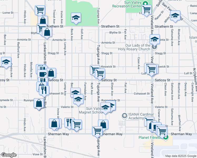 map of restaurants, bars, coffee shops, grocery stores, and more near 11344 Lull Street in Los Angeles