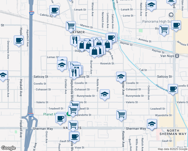 map of restaurants, bars, coffee shops, grocery stores, and more near 15125 Saticoy Street in Los Angeles
