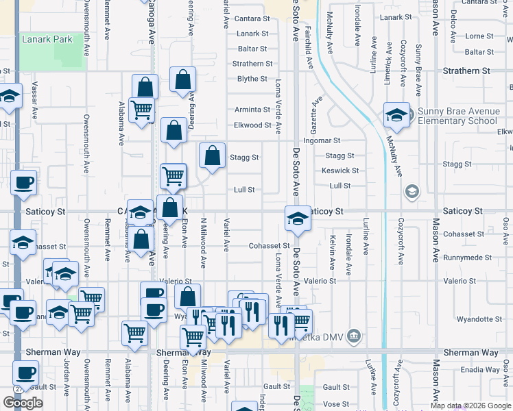 map of restaurants, bars, coffee shops, grocery stores, and more near 21018 Lull Street in Los Angeles