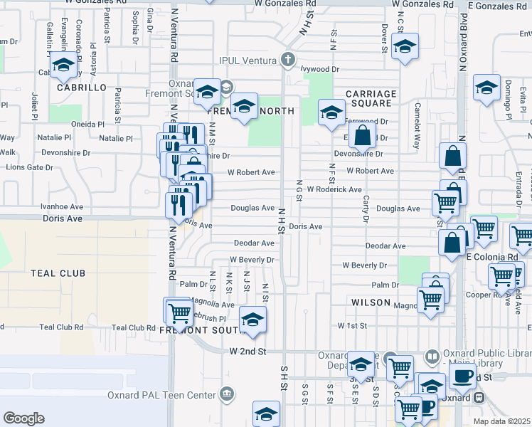 map of restaurants, bars, coffee shops, grocery stores, and more near 921 Douglas Avenue in Oxnard