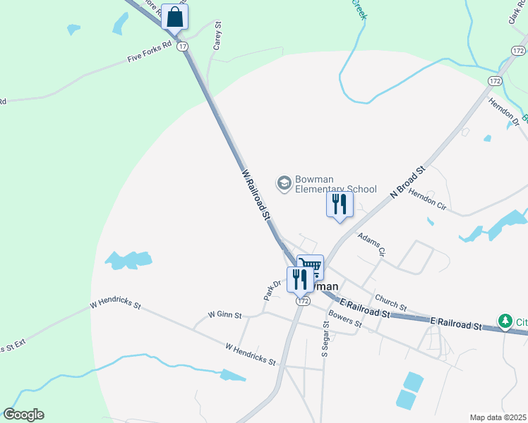 map of restaurants, bars, coffee shops, grocery stores, and more near 130 West Church Street in Bowman