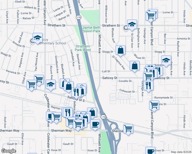 map of restaurants, bars, coffee shops, grocery stores, and more near 7609 Whitsett Avenue in Los Angeles