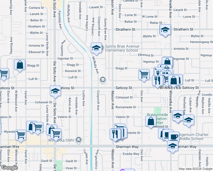 map of restaurants, bars, coffee shops, grocery stores, and more near 20521 Lull Street in Los Angeles