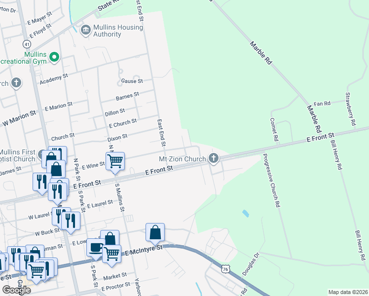 map of restaurants, bars, coffee shops, grocery stores, and more near 3604 Hayes Street in Mullins