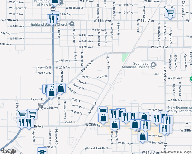 map of restaurants, bars, coffee shops, grocery stores, and more near 3103 North Iris Street in Pine Bluff