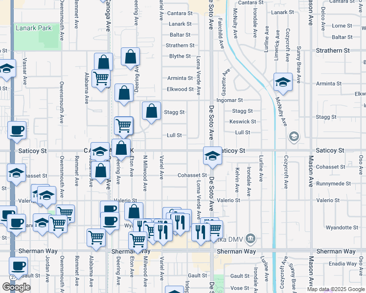 map of restaurants, bars, coffee shops, grocery stores, and more near 21009 Saticoy Street in Los Angeles