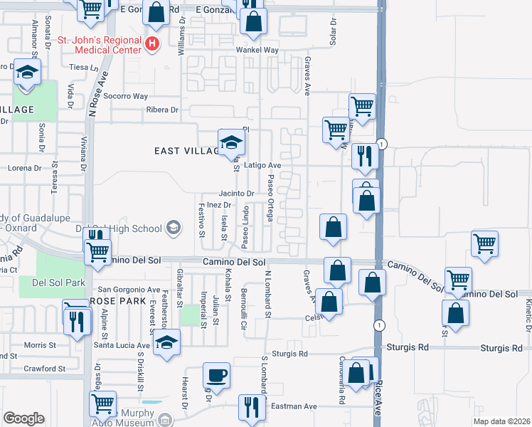 map of restaurants, bars, coffee shops, grocery stores, and more near 752 Paseo Nogales in Oxnard