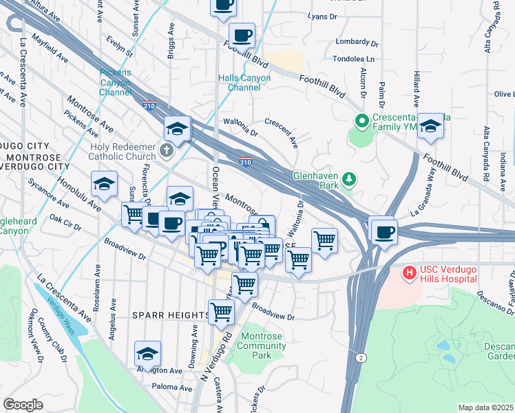 map of restaurants, bars, coffee shops, grocery stores, and more near 4103 Rincon Avenue in La Crescenta-Montrose