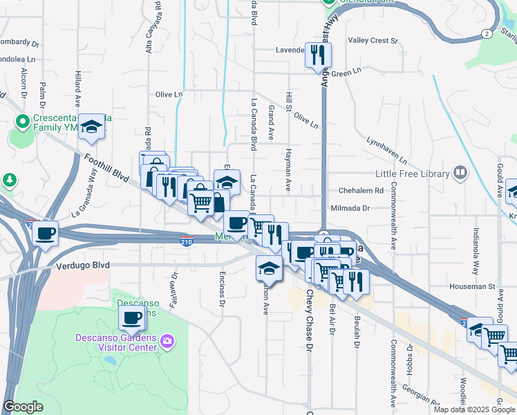 map of restaurants, bars, coffee shops, grocery stores, and more near 4622 La Canada Boulevard in La Cañada Flintridge