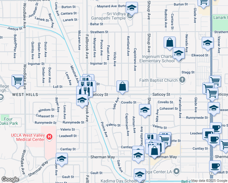 map of restaurants, bars, coffee shops, grocery stores, and more near 7612 Vicky Avenue in Los Angeles