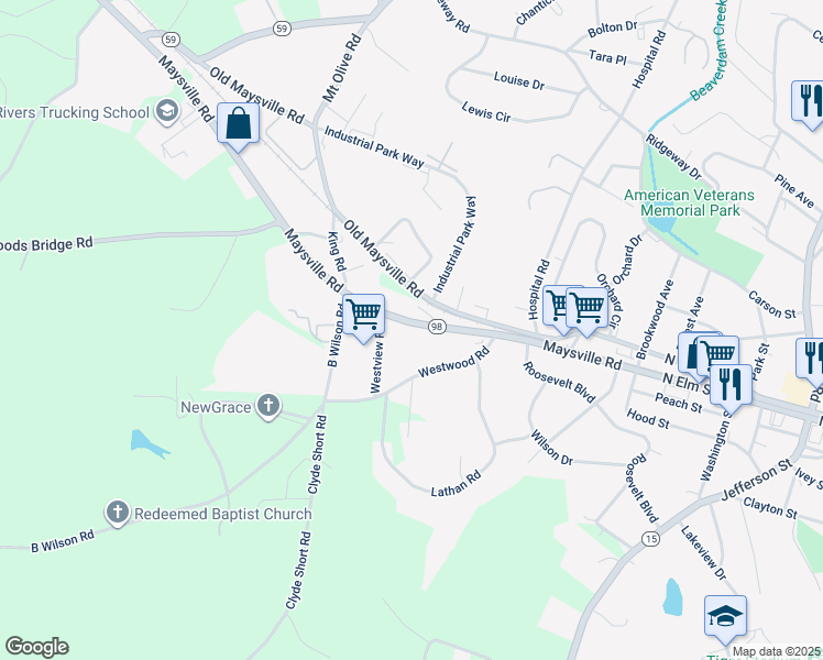 map of restaurants, bars, coffee shops, grocery stores, and more near 3059 Maysville Road in Commerce
