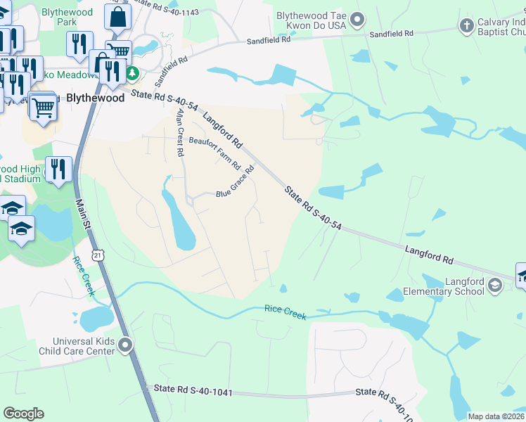 map of restaurants, bars, coffee shops, grocery stores, and more near 313 Heart Springs Lane in Blythewood