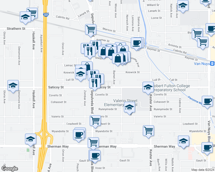 map of restaurants, bars, coffee shops, grocery stores, and more near 7603 North Honor Way in Los Angeles