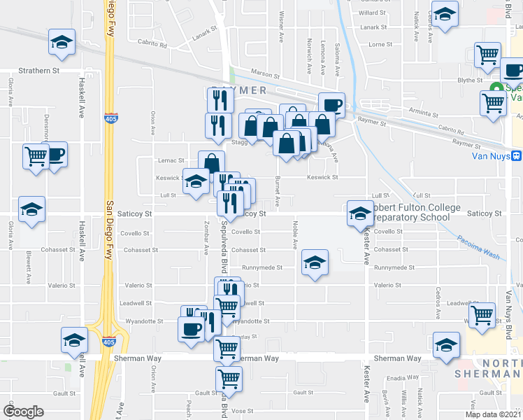 map of restaurants, bars, coffee shops, grocery stores, and more near 7603 North Honor Way in Los Angeles