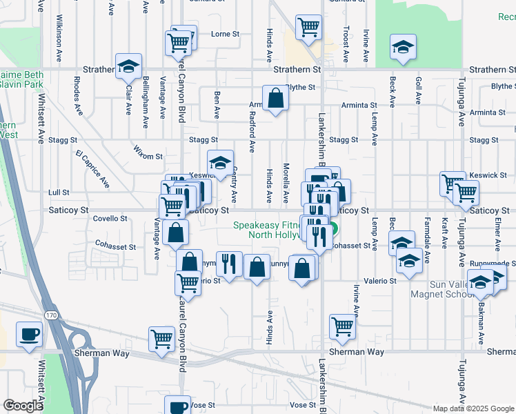 map of restaurants, bars, coffee shops, grocery stores, and more near 7602 Radford Avenue in Los Angeles
