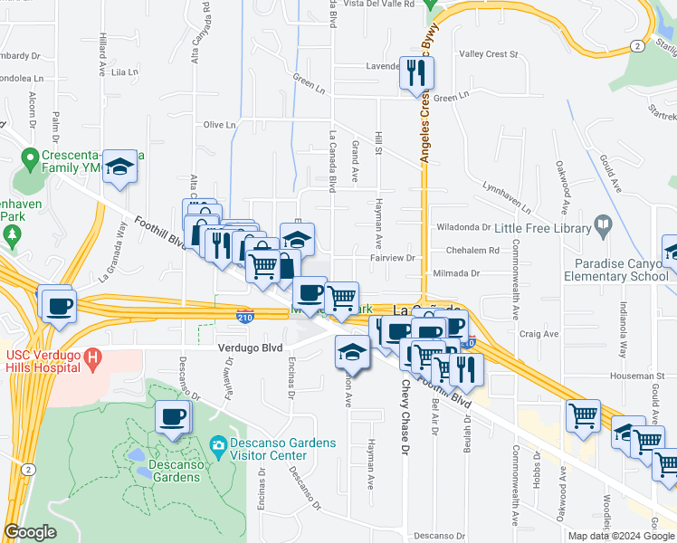map of restaurants, bars, coffee shops, grocery stores, and more near 4622 La Canada Boulevard in La Cañada Flintridge