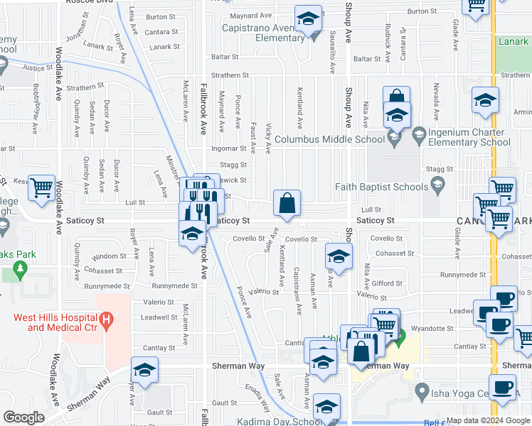 map of restaurants, bars, coffee shops, grocery stores, and more near 7612 Vicky Avenue in Los Angeles