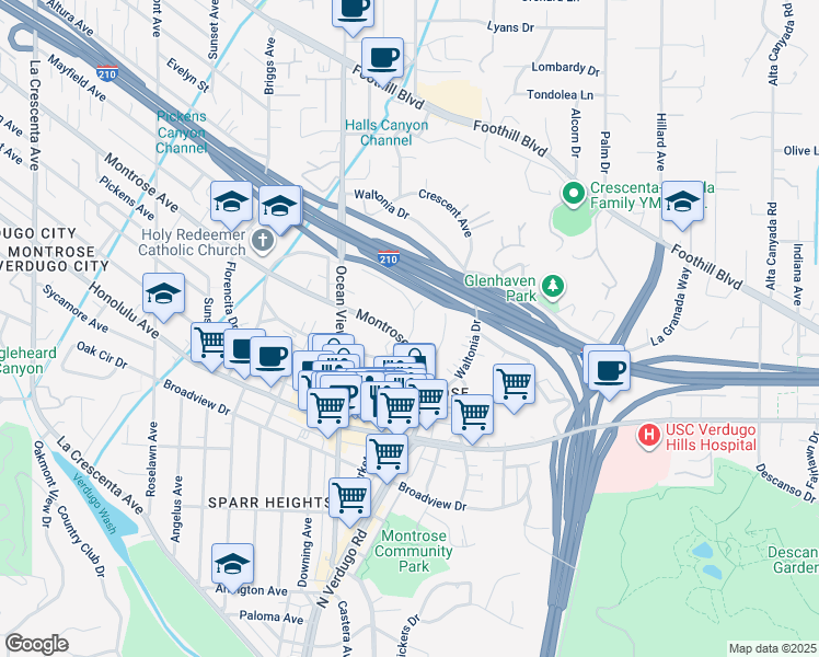 map of restaurants, bars, coffee shops, grocery stores, and more near 4109 Rincon Avenue in La Crescenta-Montrose