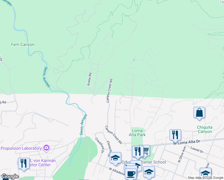 map of restaurants, bars, coffee shops, grocery stores, and more near 3740 Canyon Crest Road in Altadena