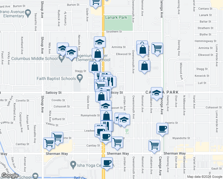map of restaurants, bars, coffee shops, grocery stores, and more near 21909 Saticoy Street in Los Angeles