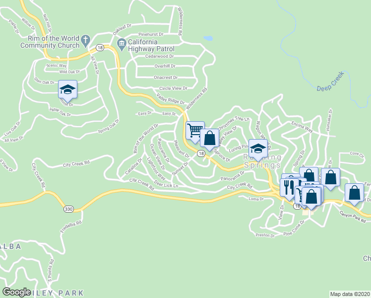 map of restaurants, bars, coffee shops, grocery stores, and more near 31553 Hilltop Boulevard in Running Springs