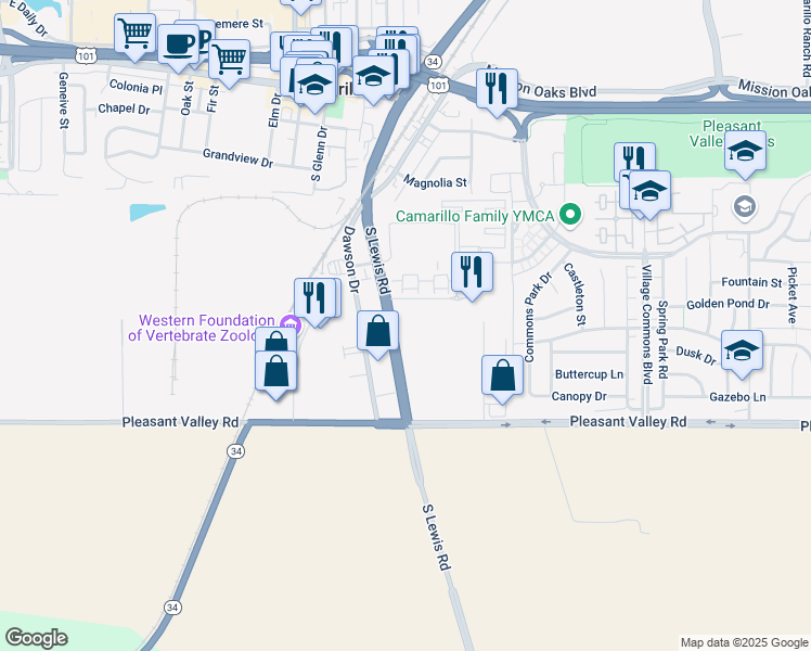 map of restaurants, bars, coffee shops, grocery stores, and more near 2 Camarillo Street in Camarillo
