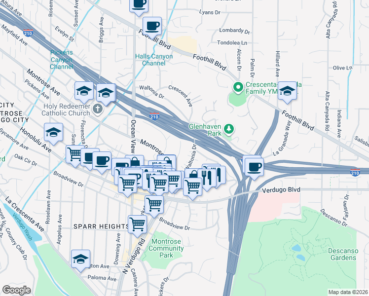 map of restaurants, bars, coffee shops, grocery stores, and more near 2160 Glenada Avenue in La Crescenta-Montrose