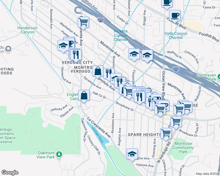 map of restaurants, bars, coffee shops, grocery stores, and more near 2608 Honolulu Avenue in Glendale