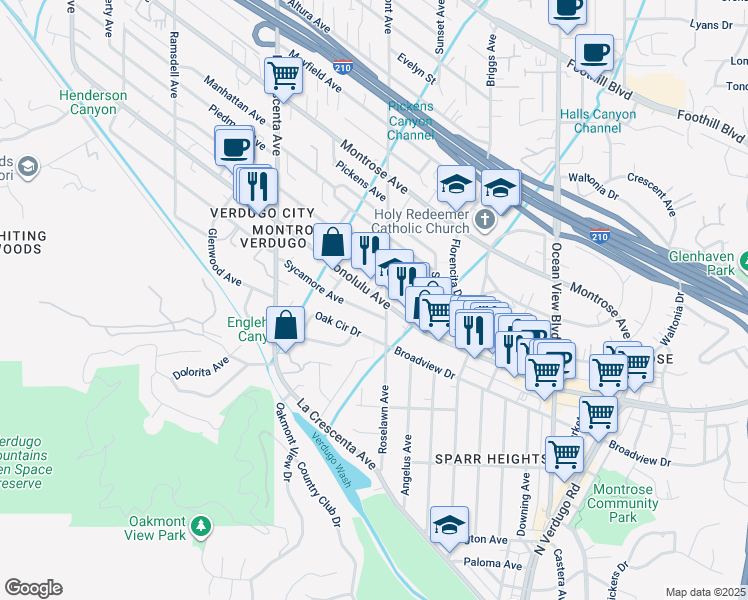 map of restaurants, bars, coffee shops, grocery stores, and more near 2608 Honolulu Avenue in Glendale