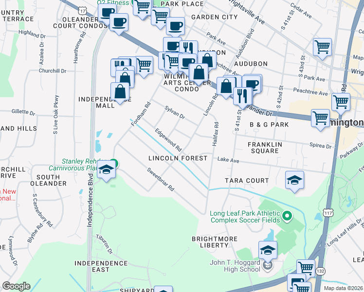 map of restaurants, bars, coffee shops, grocery stores, and more near 1710 Lincoln Road in Wilmington