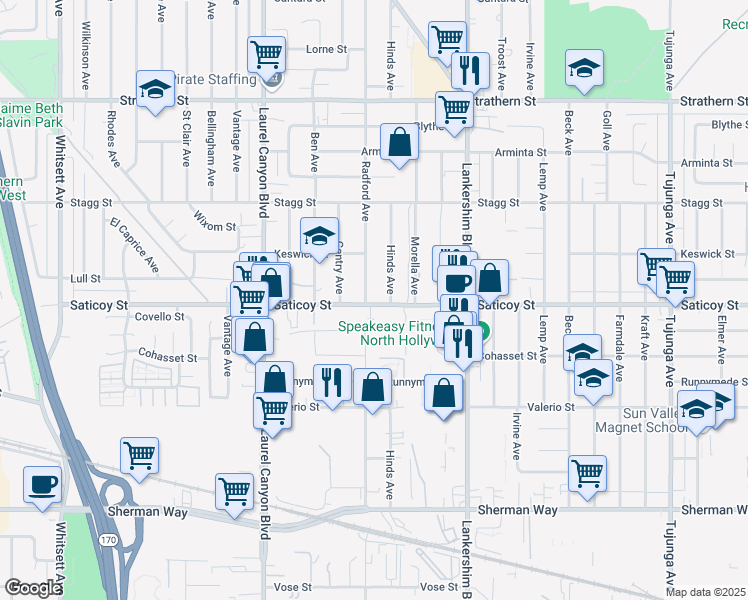 map of restaurants, bars, coffee shops, grocery stores, and more near 7602 Radford Avenue in Los Angeles