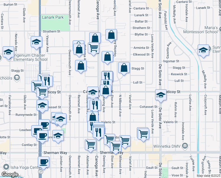 map of restaurants, bars, coffee shops, grocery stores, and more near 21315 Saticoy Street in Los Angeles