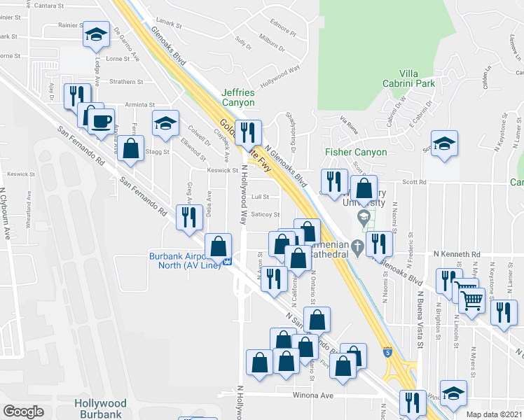 map of restaurants, bars, coffee shops, grocery stores, and more near 9929 Saticoy Street in Burbank