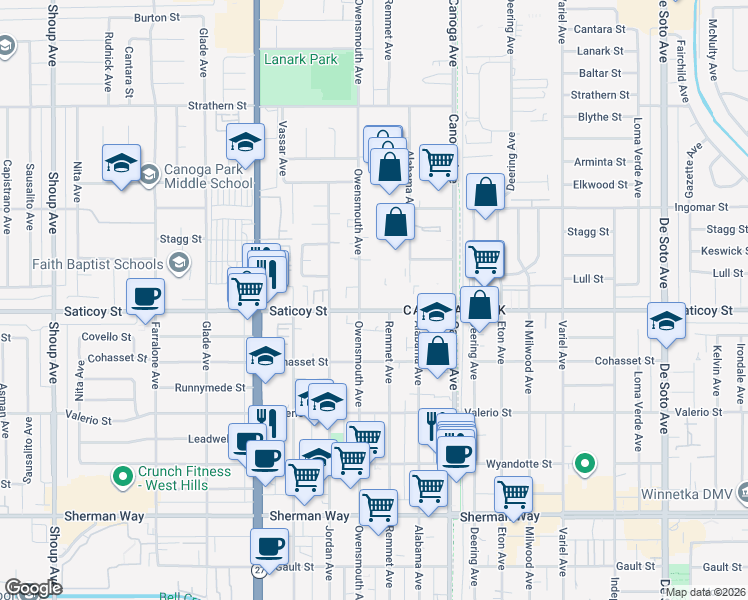 map of restaurants, bars, coffee shops, grocery stores, and more near 7628 Owensmouth Avenue in Los Angeles