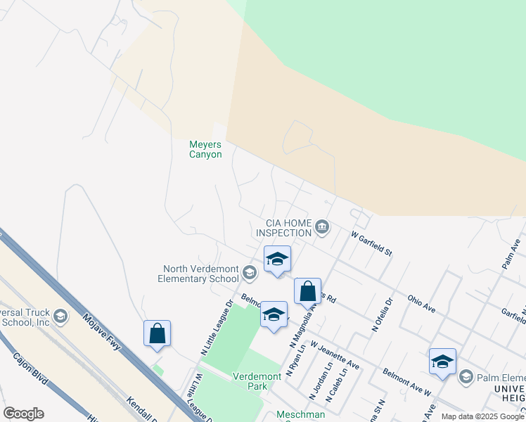 map of restaurants, bars, coffee shops, grocery stores, and more near Hurley Court in San Bernardino