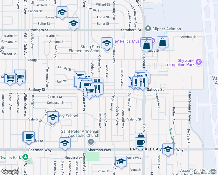 map of restaurants, bars, coffee shops, grocery stores, and more near 17119 Saticoy Street in Los Angeles