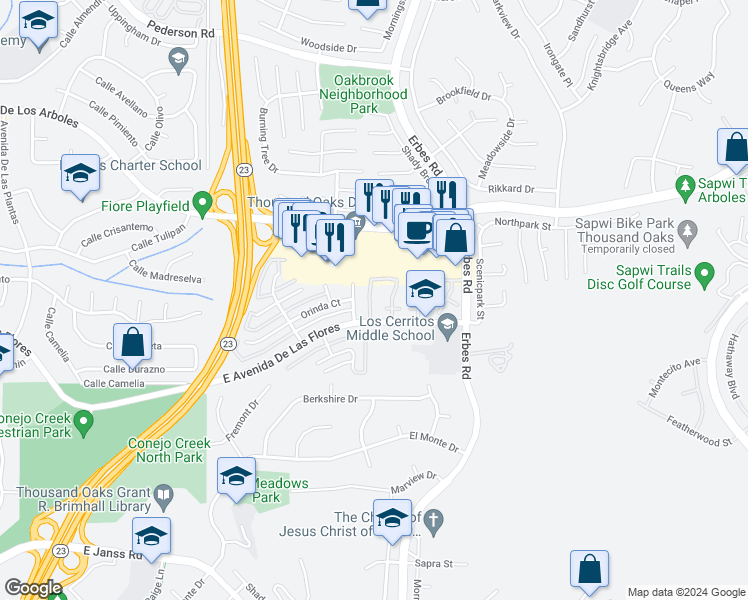 map of restaurants, bars, coffee shops, grocery stores, and more near 2192 Deerfield Street in Thousand Oaks