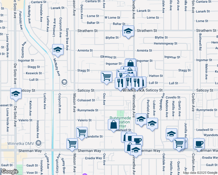 map of restaurants, bars, coffee shops, grocery stores, and more near 20247 Saticoy Street in Los Angeles