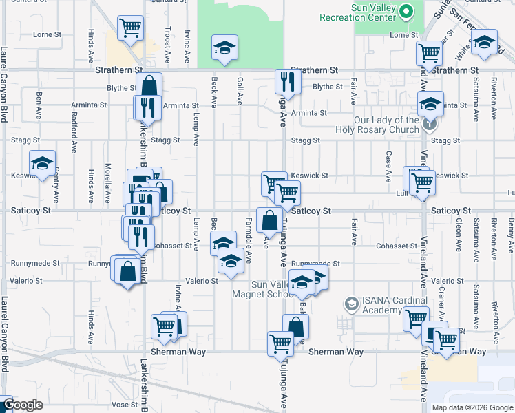 map of restaurants, bars, coffee shops, grocery stores, and more near 11445 Saticoy Street in Los Angeles