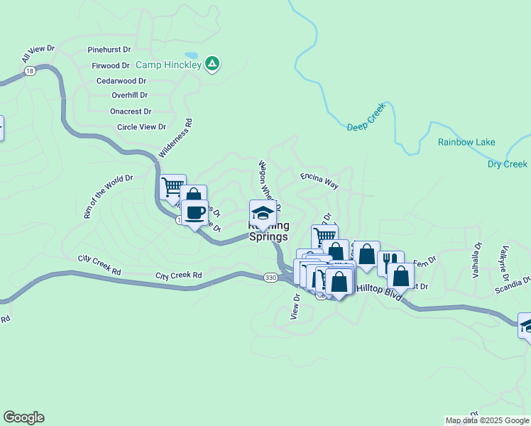 map of restaurants, bars, coffee shops, grocery stores, and more near 31805 Luring Pines Drive in Running Springs