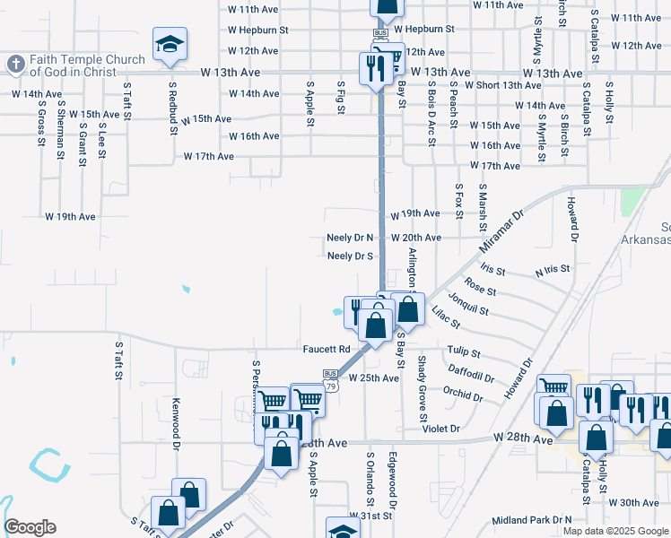 map of restaurants, bars, coffee shops, grocery stores, and more near 4012 Neely Drive South in Pine Bluff