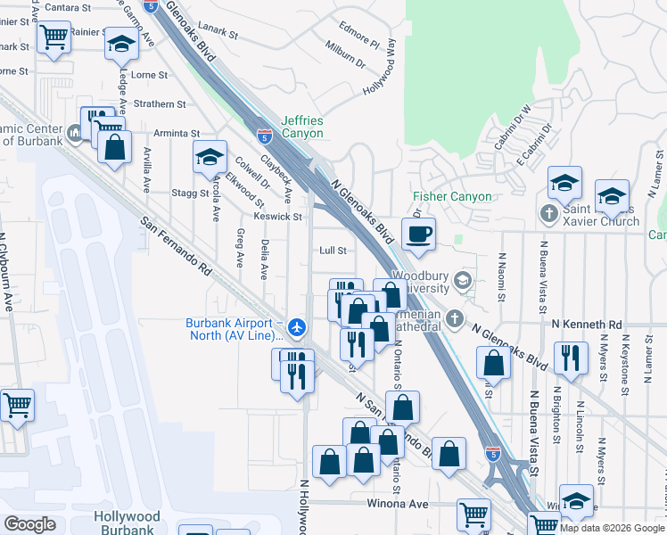 map of restaurants, bars, coffee shops, grocery stores, and more near 9929 Saticoy Street in Burbank