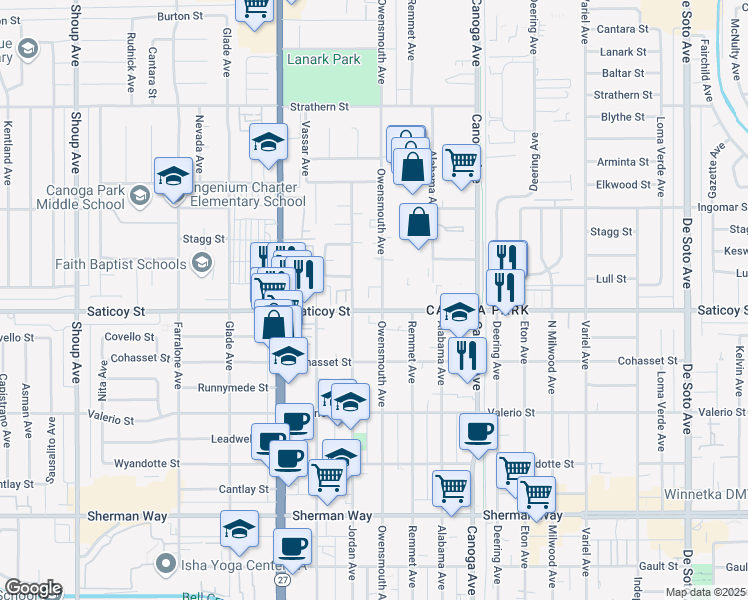 map of restaurants, bars, coffee shops, grocery stores, and more near 21707 Saticoy Street in Los Angeles
