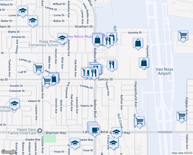map of restaurants, bars, coffee shops, grocery stores, and more near 7600 Balboa Boulevard in Los Angeles