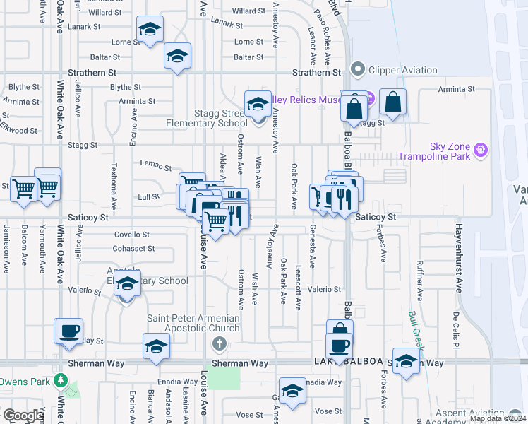 map of restaurants, bars, coffee shops, grocery stores, and more near 17119 Saticoy Street in Los Angeles