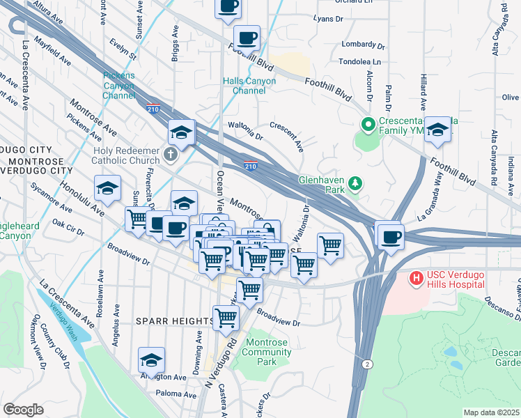 map of restaurants, bars, coffee shops, grocery stores, and more near 2200 Del Mar Road in La Crescenta-Montrose