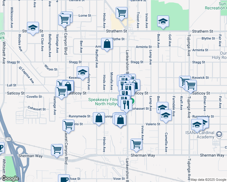 map of restaurants, bars, coffee shops, grocery stores, and more near 7612 Hinds Avenue in Los Angeles