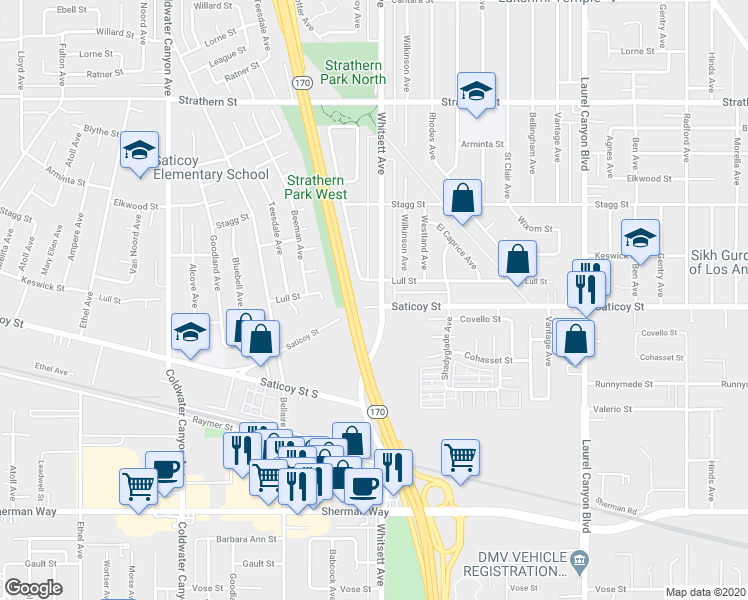 map of restaurants, bars, coffee shops, grocery stores, and more near 7609 Whitsett Avenue in Los Angeles